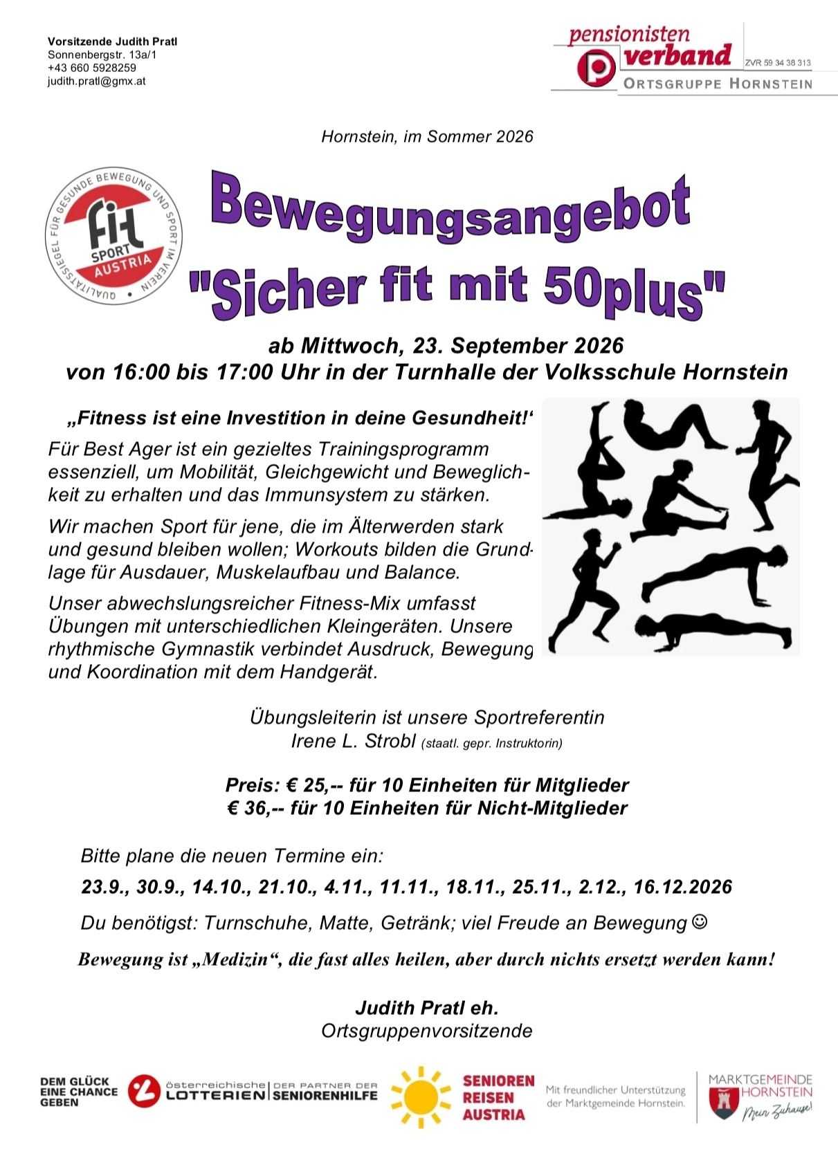 Plakat für ein Fitnessprogramm für Senioren, mit dem Titel 'Sicher fit mit 50plus'. Es zeigt eine Reihe von Übungssilhouetten und Text auf Deutsch. Das Programm ist für Mittwoch, den 23. September 2026, von 16:00 bis 17:00 Uhr in der Turnhalle der Volksschule Hornstein geplant.