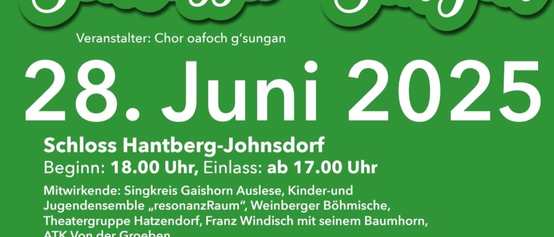 Plakat für Schlosser-Singen-Veranstaltung am 28. Juni 2025 im Schloss Hantberg-Johnsdorf. Beginn: 18:00 Uhr, Einlass ab 17:00 Uhr. Mitwirkende: Chöre aus Gaishorn Auslese, Kinder- und Jugendensemble 'resonanzRaum' u.a. Veranstalter: Chor oafach g'sungan.