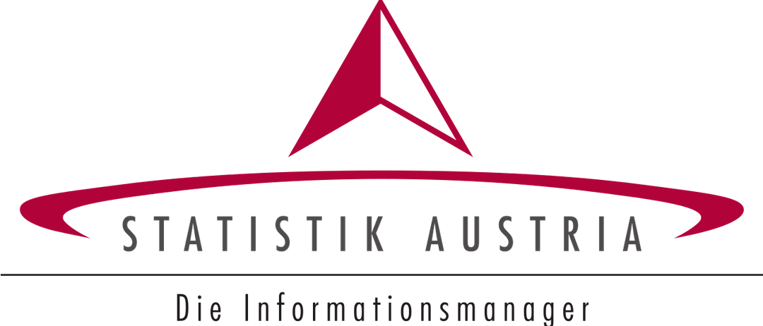 Schwarzer Hintergrund mit einem roten Dreieck-Logo, das Statistik Austria, die Informationsmanager, beschriftet.