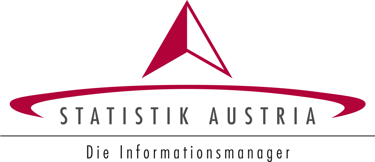Schwarzer Hintergrund mit einem roten Dreieck-Logo, das Statistik Austria, die Informationsmanager, beschriftet.