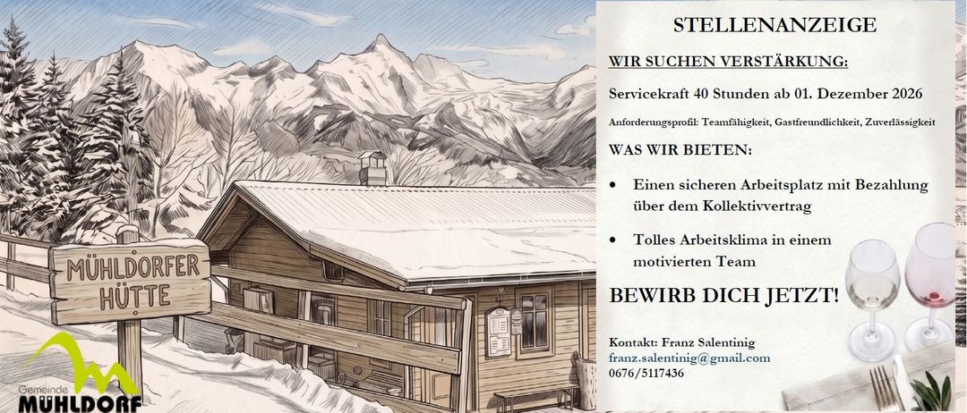 An illustration of a chalet in a snowy mountainous region with a sign on the right side offering a job opportunity for a service vehicle team member.