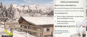 Eine Illustration eines Chalets in einer verschneiten Bergregion mit einem Schild auf der rechten Seite, das eine Jobmöglichkeit für ein Servicefahrzeug-Teammitglied anbietet.