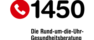 Ein Bild mit einem roten Telefonsymbol und der Nummer 1450. Darunter steht der Text 'Die Rund-um-die-U Gesundheitsberatung'.