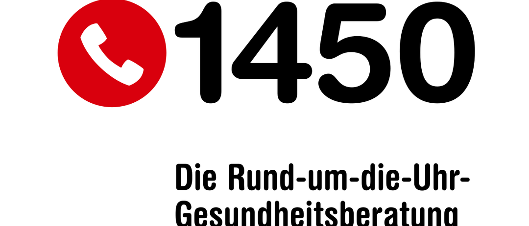 Ein Bild mit einem roten Telefonsymbol und der Nummer 1450. Darunter steht der Text 'Die Rund-um-die-U Gesundheitsberatung'.