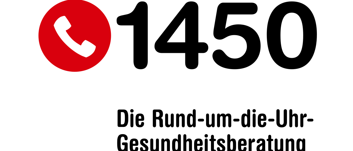 Ein Bild mit einem roten Telefonsymbol und der Nummer 1450. Darunter steht der Text 'Die Rund-um-die-U Gesundheitsberatung'.