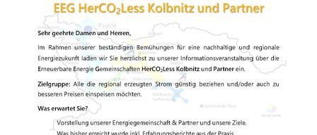 Ein Infoheft über EEG HerCO2Less Kolbnitz und Partner. Die Veranstaltung behandelt nachhaltige und regionale Energieerzeugung. Zielgruppe: Interessenten an günstiger regionaler Elektrizität und solche, die Energie einspeisen möchten. Was zu erwarten ist: Vorstellung der Energiegenossenschaft und Partner, erreichte Ziele, praktische Erfahrungen und Vorteile. Wann: Mittwoch, 21. Jänner 2026, 19:00 Uhr. Wo: Kleiner Saal Kulturhaus Mühldorf, 9814 Mühldorf 10.