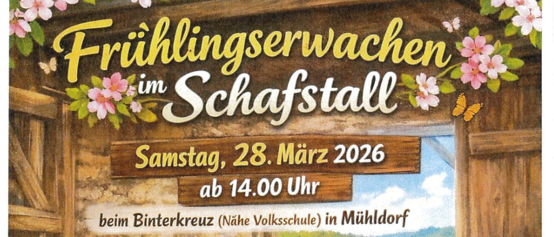 Plakat für eine Schafschur-Veranstaltung am 28. März 2026. Ein Mann schert ein Schaf, während drei Schafe zusehen. Details umfassen Veranstaltungszeit, Ort und Aktivitäten.