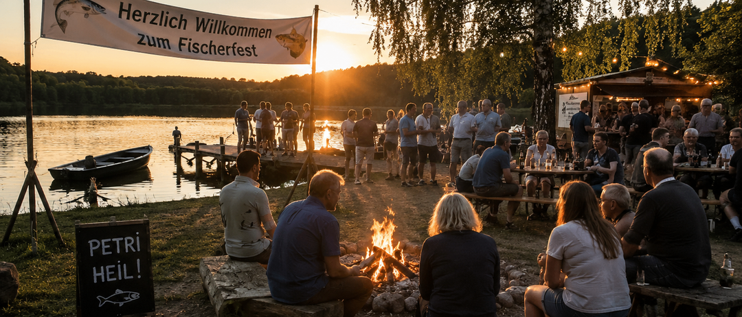 Eine Gruppe von Menschen sitzt um ein Lagerfeuer bei einem Festival am See. Ein Banner sagt Herzlich Willkommen zum Fischerfest.