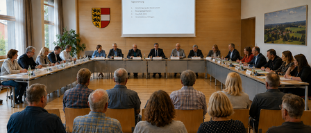 Eine Besprechung mit Personen an vorderen und hinteren Tischen. Eine Projektionsleinwand ist im Hintergrund.