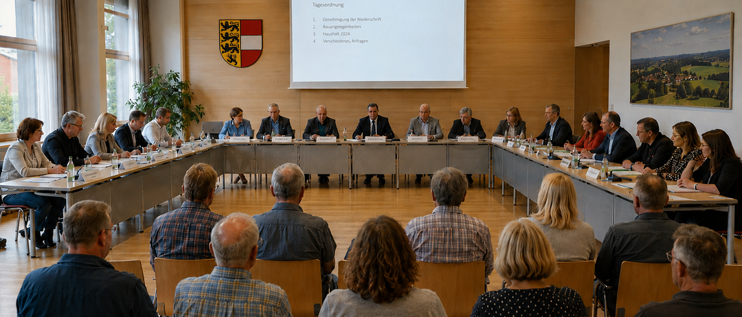 Eine Besprechung mit Personen an vorderen und hinteren Tischen. Eine Projektionsleinwand ist im Hintergrund.