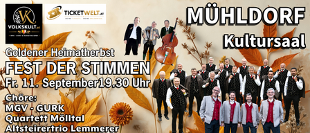 Ein Plakat für ein musikalisches Ereignis mit einer Gruppe von Männern in traditioneller Kleidung, die Instrumente wie Cello und Akkordeon spielen, mit Herbstblättern und Blumen im Hintergrund. Der Text lautet 'Müh Katherbst R Stimmen' und 'mber19.30 Uhr'.