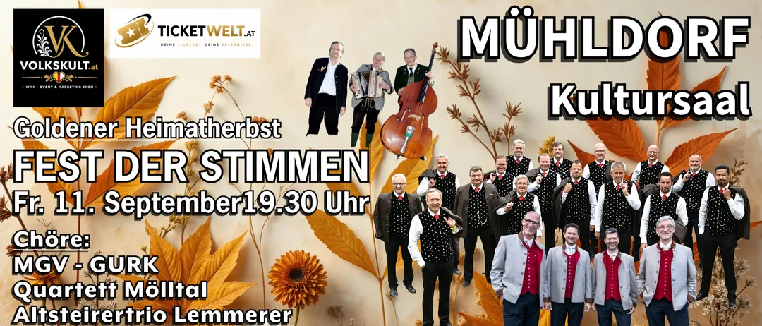 Ein Plakat für ein musikalisches Ereignis mit einer Gruppe von Männern in traditioneller Kleidung, die Instrumente wie Cello und Akkordeon spielen, mit Herbstblättern und Blumen im Hintergrund. Der Text lautet 'Müh Katherbst R Stimmen' und 'mber19.30 Uhr'.