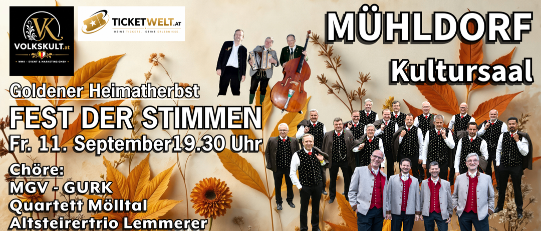 Ein Plakat für ein musikalisches Ereignis mit einer Gruppe von Männern in traditioneller Kleidung, die Instrumente wie Cello und Akkordeon spielen, mit Herbstblättern und Blumen im Hintergrund. Der Text lautet 'Müh Katherbst R Stimmen' und 'mber19.30 Uhr'.