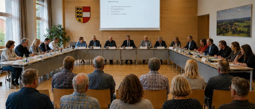 Eine Besprechung findet in einem Konferenzraum statt, mit einer Projektionsleinwand im Hintergrund. Mehrere Personen sitzen an langen Tischen, einige stehen und andere sitzen in Stühlen. Der Raum ist gut beleuchtet und hat einen Holzboden.