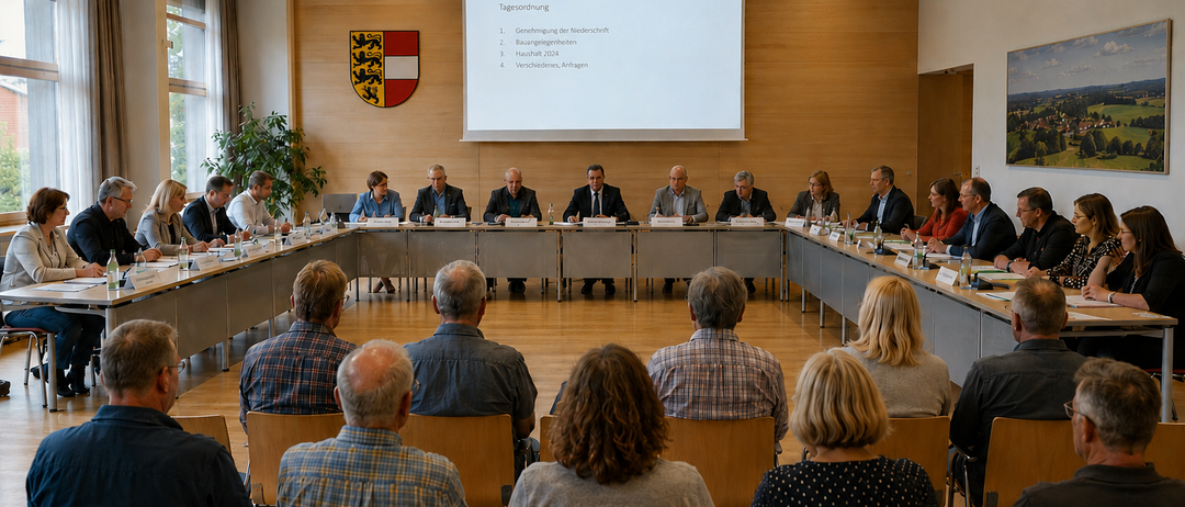 Eine Besprechung findet in einem Konferenzraum statt, mit einer Projektionsleinwand im Hintergrund. Mehrere Personen sitzen an langen Tischen, einige stehen und andere sitzen in Stühlen. Der Raum ist gut beleuchtet und hat einen Holzboden.