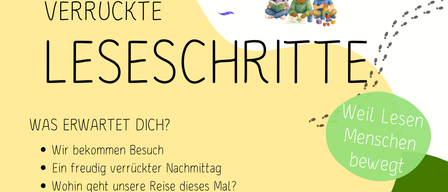 Plakat für eine Kinder-Leseveranstaltung 'Verrückte Leseschritte' in Mühldorf am 17. September 2026 um 15:30 Uhr. Es zeigt ein farbenfrohes Design mit Kindern und lesebezogenen Bildern.