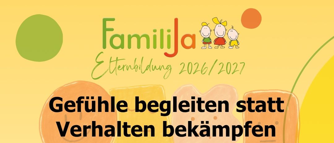 Plakat für einen Workshop über emotionale Sicherheit mit gelbem Hintergrund und verschiedenen Illustrationen und Texten auf Deutsch. Der Titel lautet 'Gefühle begleiten statt Verhalten bekämpfen'. Es enthält Details zum Datum, zur Zeit und einem kleinen Preisschild.