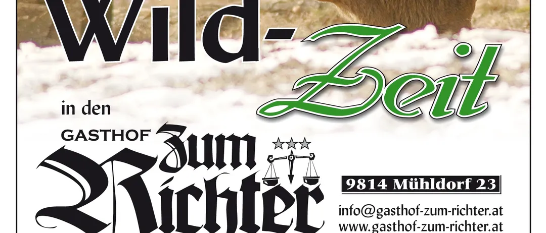 Ein Plakat, das ein Wildbretfeast im Gasthof zum Richter ankündigt, mit einem Hirsch und einem verschneiten Waldhintergrund.