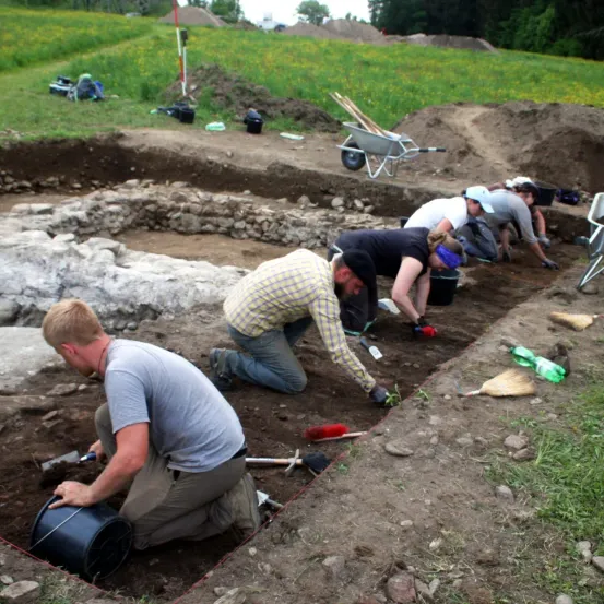 Eine Gruppe von Archäologen gräbt an einem Ort, wobei einige Handschuhe tragen und andere Bürsten halten. Eine Schubkarre und Werkzeuge sind in der Nähe.
