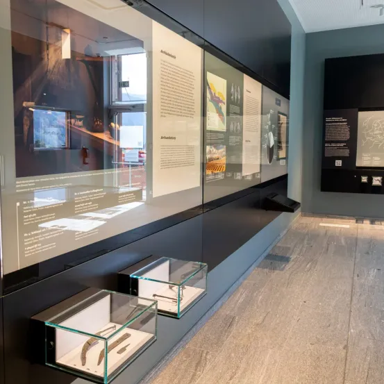 Eine Ausstellungswand mit Glasdisplays und Informationstext. Die Wand hat ein modernes Design in Grau- und Schwarztönen. Es gibt zwei Glasvitrinen, die Artefakte zeigen. Der Boden ist aus Holz und der Raum ist gut beleuchtet.