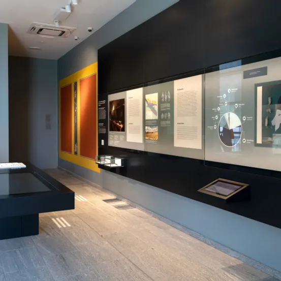 Ein Ausstellungsraum mit grauen Wänden, Holzböden und einer Wand mit einer Glasvitrine, die verschiedene Artefakte und Diagramme zeigt. Links ist eine gelbe Wand vorhanden.