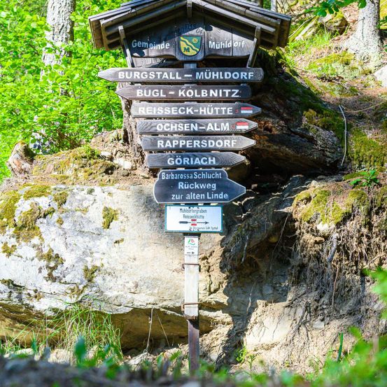 Ein hölzernes Schild mit mehreren Wegweisern zu verschiedenen Orten, einschließlich Burgstall, Muhldorf und anderen, in einem Wald aufgestellt.
