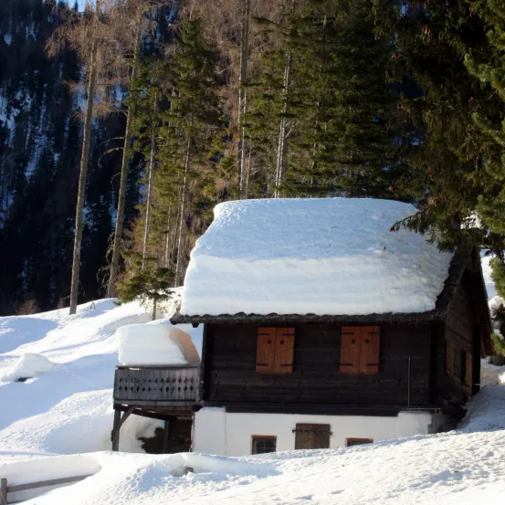 Ein kleines Holzhaus mit schneebedecktem Dach steht in einer verschneiten Landschaft umgeben von Kiefern. Das Haus befindet sich in einem Berggebiet mit Schneehaufen darum herum.
