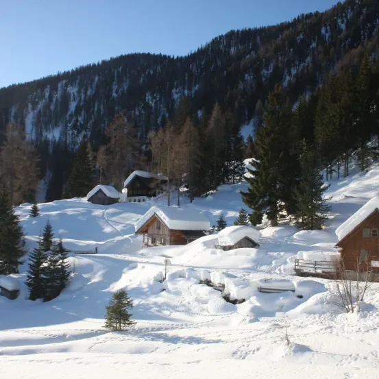 Eine verschneite Berglandschaft mit mehreren Holzchalets, umgeben von immergrünen Bäumen, unter einem klaren blauen Himmel.