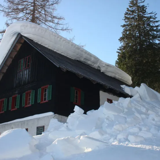 Ein Haus mit schneebedecktem Dach und Fenstern, umgeben von Schnee, in einem verschneiten Gebiet mit Bäumen.