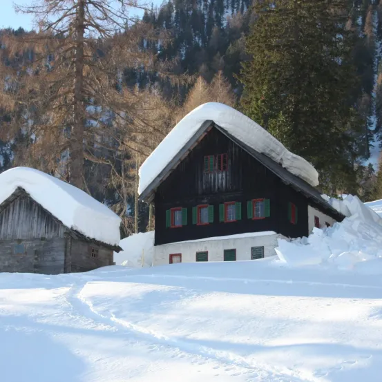 Zwei schneebedeckte Hütten in einem Gebirgsgebiet. Die größere hat ein steiles Dach und grüne Fensterrahmen. Bäume umgeben die Hütten.