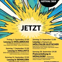 Plakat für das Mölltaler Geschichten Festival 2024, mit leuchtenden Farben und Illustrationen. Es enthält Zeitplandetails für Lesungen an verschiedenen Orten zu bestimmten Terminen und Zeiten.