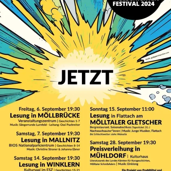 Plakat für das Mölltaler Geschichten Festival 2024, mit leuchtenden Farben und Illustrationen. Es enthält Zeitplandetails für Lesungen an verschiedenen Orten zu bestimmten Terminen und Zeiten.