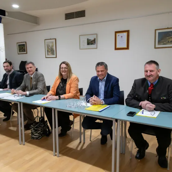 Sechs Personen in Anzügen sitzen an einem langen Tisch in einem Konferenzraum und führen ein Gespräch. Papiere, Stifte und Gläser liegen auf dem Tisch. Darüber hängen gerahmte Bilder an der Wand.