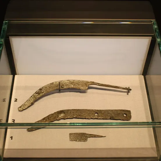 In einer Glasvitrine befinden sich drei Metallartefakte. Objekt 2 ist eine gebogene Klinge mit Nieten. Objekt 3 ist eine flache Klinge mit Löchern. Objekt 1 ist ein kleineres Klingenfragment.