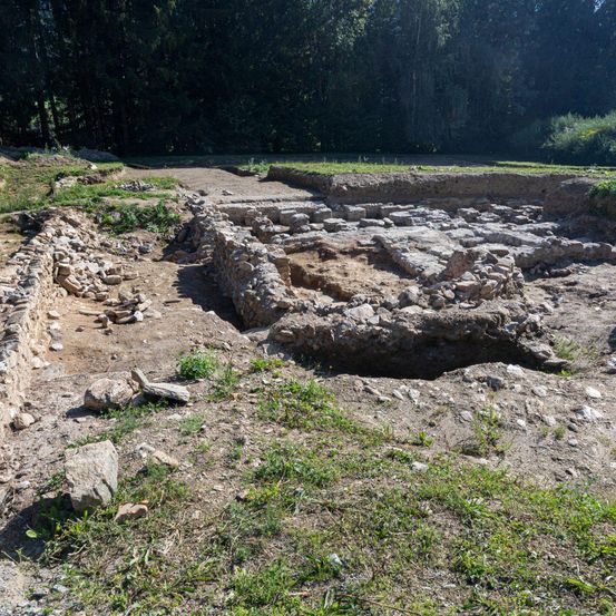 Ein archäologischer Ausgrabungsort mit sichtbaren Steinstrukturen, umgeben von Gras und Felsen. Im Hintergrund befinden sich Bäume und Büsche.