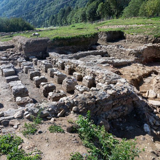 Archäologische Ausgrabungsstätte mit Steinstrukturen in einem grasbewachsenen Feld, umgeben von Grün und entfernten Bäumen, unter einem klaren Himmel.