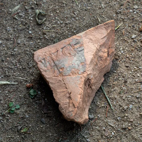 Ein Fragment einer Tonfliese mit einer Inschrift liegt auf dem Boden. Die Inschrift ist teilweise sichtbar und lautet 'VALCE'. Die Fliese hat ein abgenutztes und verwittertes Aussehen.