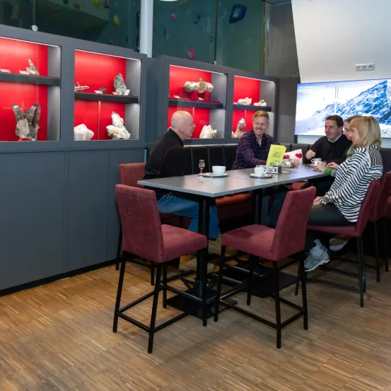 Fünf Personen sitzen um einen Tisch in einem Raum, mit zwei Frauen und drei Männern. Auf dem Tisch stehen Tassen, Teller und ein Weinglas. Hinter ihnen sind Regale mit Kristallen zur Schau gestellt.