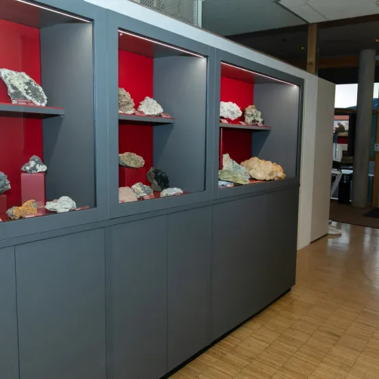 Ein grauer Vitrinenschrank mit roten Regalen zeigt verschiedene Mineralien und Kristalle, beleuchtet. Der Raum hat Holzboden und eine rote Wand.