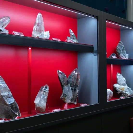 Ein Vitrinenschrank mit roten Wänden zeigt verschiedene Mineralien. Jedes Mineral befindet sich auf einem schwarzen Regal mit roten Akzenten. An jedem Mineral ist ein kleines rotes Etikett angebracht.