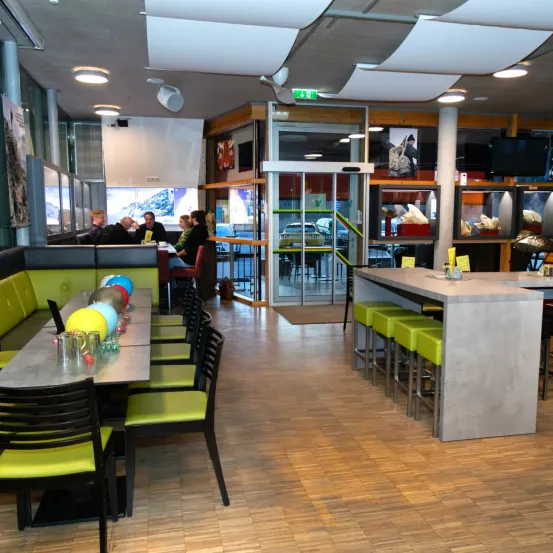 Ein Restaurant mit grünen und schwarzen Stühlen, einem Tisch mit Luftballons und einer Glastür. Es sitzen und stehen Menschen im Bereich.