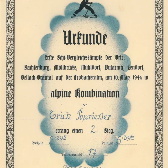Ein Skiwettbewerbszertifikat vom 10. März 1946 ehrt Grick Tozrieber mit einem zweiten Platz in der alpinen Kombination. Die Veranstaltung fand an mehreren Orten statt, darunter Dellach-Drautal.