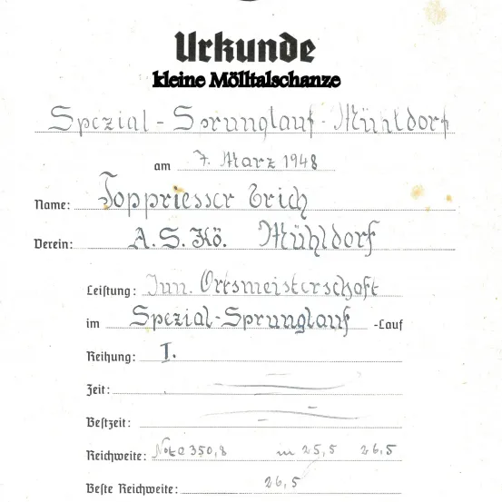Ein Dokument mit dem Titel 'Urkunde kleine Mühltalschanze' vom 7. März 1948. Es listet einen Namen 'Sopriessor Bridge', einen Ort 'A.S.Nr. Hübldorf' und Details eines 'Special-Sprengelaufs'. Messungen umfassen 'Breitweite' und 'Felbreite'.