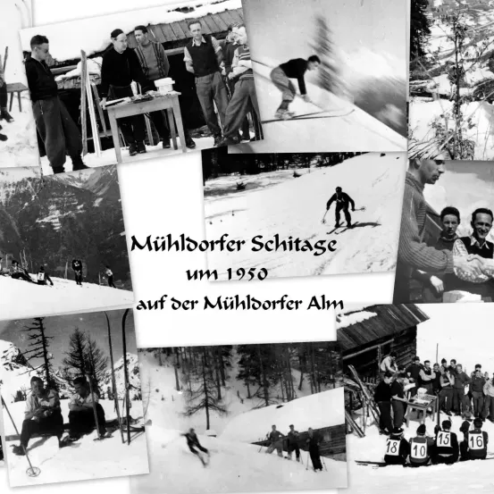 Eine Schwarz-Weiß-Collage von Bildern, die Menschen auf der Mühldorfer Alm um 1950 beim Skifahren zeigt.