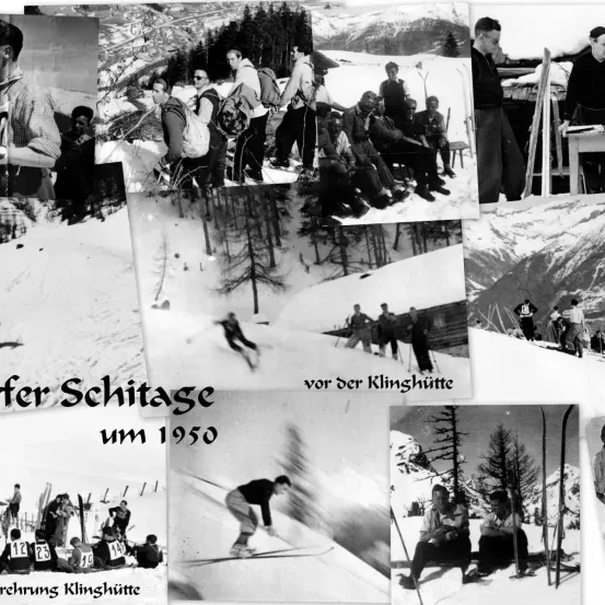 Eine Collage schwarz-weißer Bilder, die verschiedene Aktivitäten in den verschneiten Bergen um 1950 zeigt. Die Szenen beinhalten Skifahren, Sitzen am Feuer und einen Skifahrer, der eine Piste hinunterfährt.