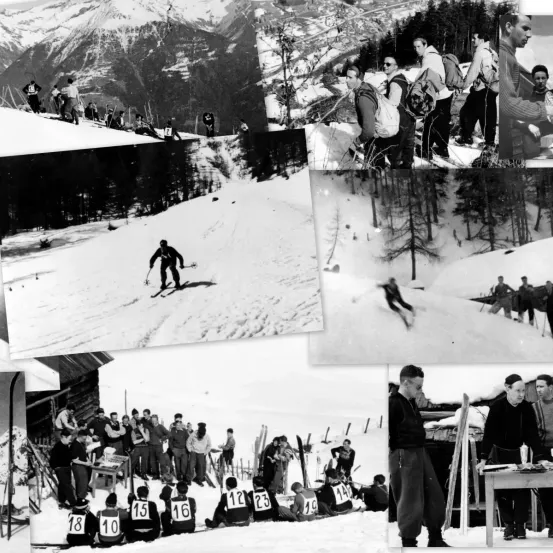 Eine Schwarz-Weiß-Fotocollage zeigt Wintersportszenen. Oben links: Menschen, die einen verschneiten Berg hinunterfahren. Oben rechts: Personen mit Rucksäcken. Unten links: Skifahrer mit Nummern. Unten rechts: Männer in Anzügen bei einem Tisch.