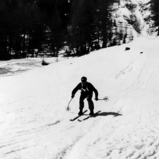 Ein Skifahrer fährt einen schneebedeckten Hang hinunter und hält Skistöcke in beiden Händen. Er trägt eine Jacke und Skihosen. Der Schnee ist weiß und links sind Bäume.