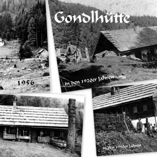 Eine Collage von Bildern, die ein Haus in den Bergen zeigen. Das erste Bild ist von 1956, das zweite aus den 1920er Jahren und das dritte aus den 1930er Jahren.