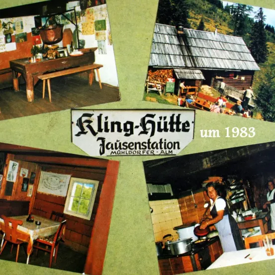 Das Bild zeigt eine Collage von Szenen aus Kling-Gütte, einer Jausenstation an der Mühlddorfer Alm um 1983. Es zeigt einen Essbereich, ein rustikales Haus und eine Frau, die in einer Küche kocht.