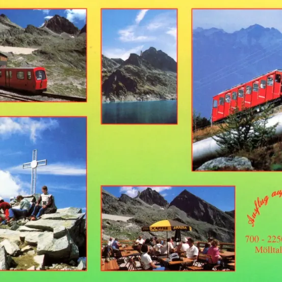 Eine Collage von Bildern mit einem roten Zug, einem Kreuz, Menschen auf Felsen sitzend, einer Gruppe unter einem großen Schirm und einer Bergkette.